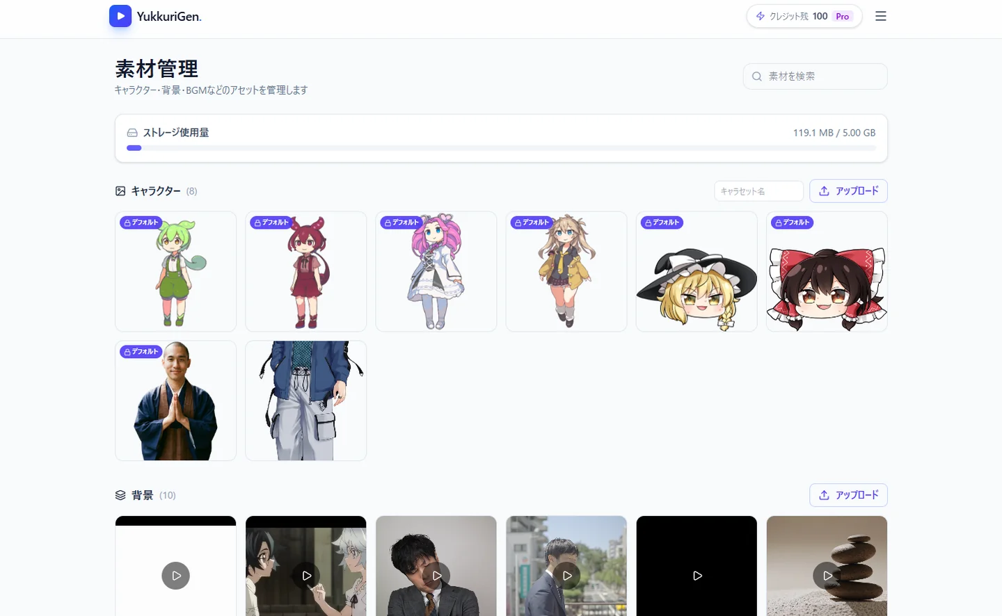 素材管理画面に表示されたキャラクター一覧